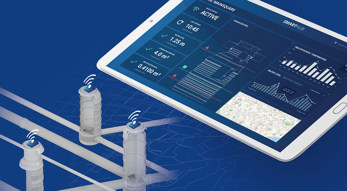 Illustration of a smart sewer overflow system with a preview of data transmitted by the sensors to a smart hub on a tablet; a blue print of a city in the background