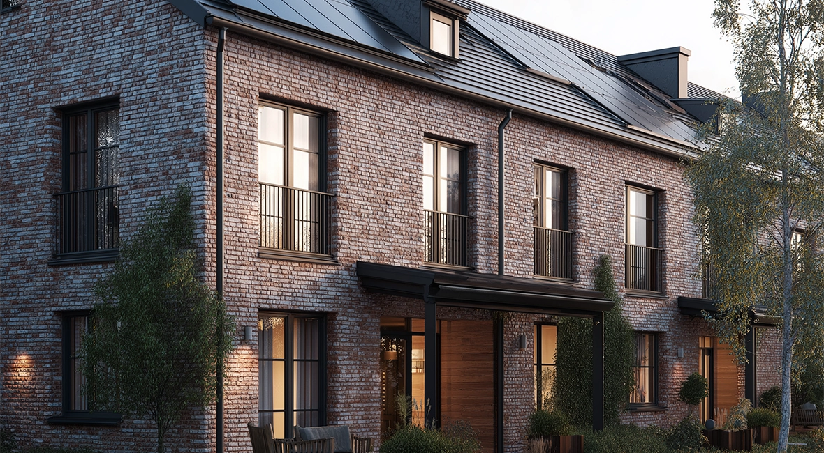 Häuser mit Ziegelmauerwerk und dunklem Schrägdach (Foto)