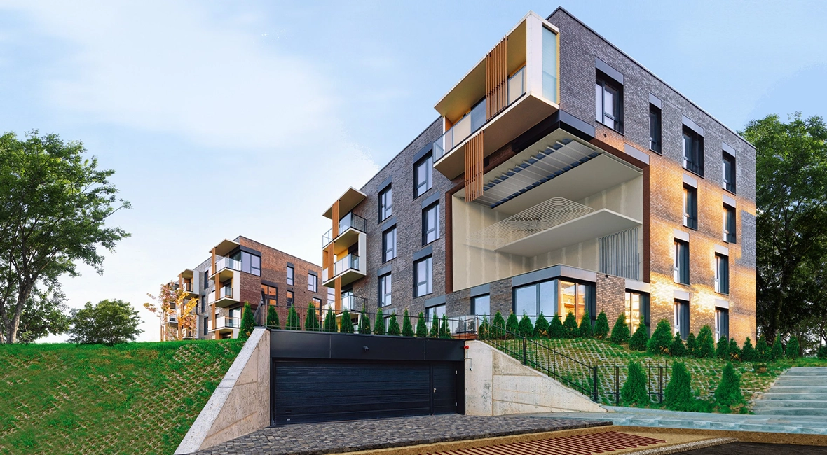 Animierte Darstellung einer Garage mit Rohrleitungslösung, zwei Gebäudekomplexe im Hintergrund (Foto)