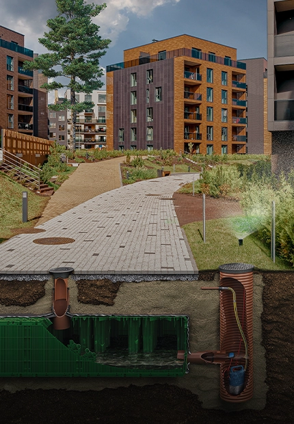 Animierter Querschnitt eines Gebäudeparks mit smartem Wasser- und Energiemanagementsystem (Foto)